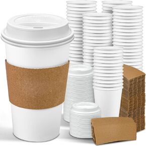 Ginkgo 100 Pack 16 oz Disposable Coffee Cups with Lids and Sleeves Leak-Proof White Paper Cups To Go Coffee Cups for Hot & Cold Beverage