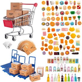 175PCS Miniature Courier Box Set Shopping Mall Shipping Boxes Mini Supermarket Handcart Models 1:12 Food Drink Bottles Cans Dollhouse Pretend Play Kitchen Game Party Accessories Toys Doll House