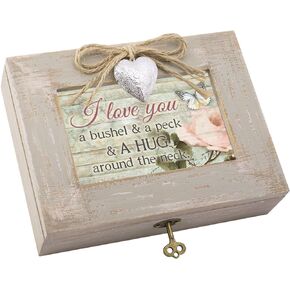 Cottage Garden Love You A Bushel Peck Hug Neck Natural Taupe Wood Locket Music Box Plays Edelweiss