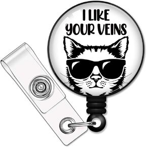 I Like Your Veins Retractable Badge Reel with Alligator Clip, Funny Black Glasses Cat Badge ID Card Badge Holder Gift for Nurses Doctors Cat Lover Phlebotomist Therapeutic Phlebotomies Medics