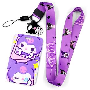 Lanyards Kuromi Lanyard with Cute ID Card Holder, Anime Lanyard with ID Badge Holder, with Clip Clasp and Charm Hard Card Case, Kawaii Lanyard for Keys for Women, Purple Lanyard with ID Badges