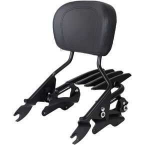 Black Detachable Upright Passenger Backrest Sissy Bar with Backrest Pad + Stealth Luggage Rack and 4 Point Docking Hardware Kits Compatible With For Touring Street Glide Road King 2014-2024