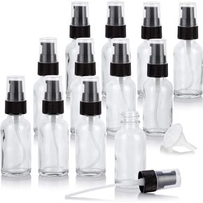 JUVITUS 1 oz / 30 ml Clear Glass Boston Round Bottle with Black Treatment Pump + Funnel (8 Pack)