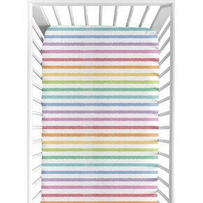 Sweet Jojo Designs Pastel Rainbow Striped Girl Baby Fitted Crib Sheet Infant Newborn Nursery Toddler Bed Room Standard Mattress Purple Pink Orange Yellow Sage Green Turquoise Blue Watercolor Abstract