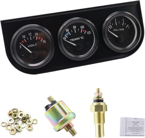 52mm 3 in 1 Car Auto Gauge Kit (Voltmeter+Water Temp Gauge+Oil Press Gauge), Triple Auto Dashboard Gauge Set with Black Console for 12V Cars in Saudi Arabia