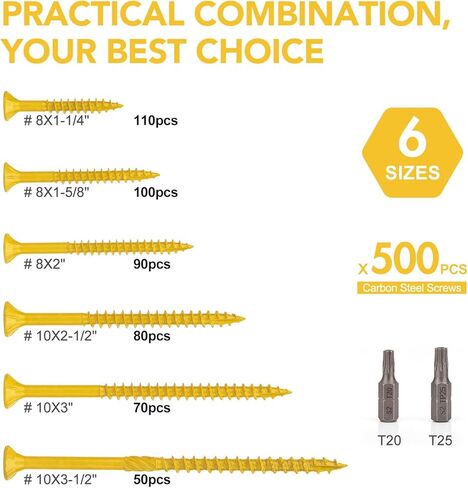 VIGRUE #8#10 براغي خشبية بطول 1-1/4" إلى 3-1/2"، 500 قطعة، مقاومة للصدأ، مطلية بالإيبوكسي، برغي خشبي خارجي، براغي للتزيين في الهواء الطلق، رأس محرك Torx/Star، T20 T25 Star Bit وشملت، تان in Kuwait