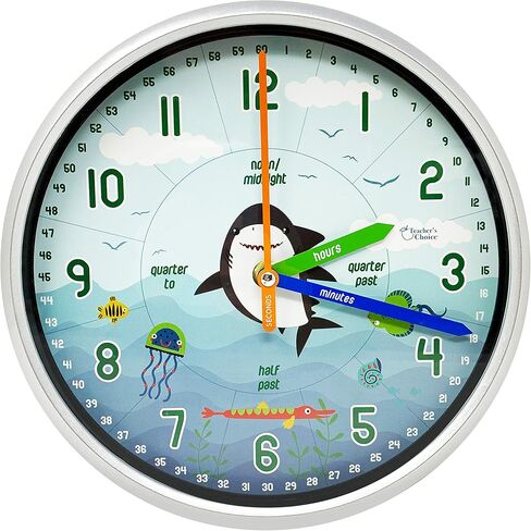 ساعة حائط تعليمية - ساعة تعليمية لوقت الحركة الصامتة لفصول المعلمين وغرف نوم الأطفال (قرش/أزرق) in Kuwait
