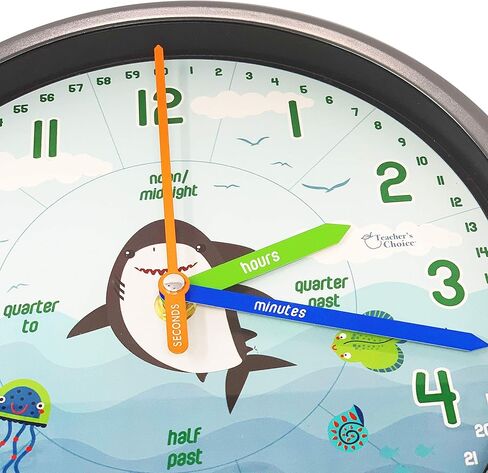 ساعة حائط تعليمية - ساعة تعليمية لوقت الحركة الصامتة لفصول المعلمين وغرف نوم الأطفال (قرش/أزرق) in Kuwait