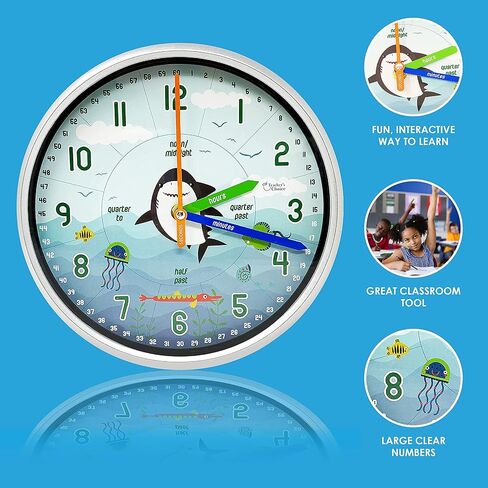 ساعة حائط تعليمية - ساعة تعليمية لوقت الحركة الصامتة لفصول المعلمين وغرف نوم الأطفال (قرش/أزرق) in Kuwait