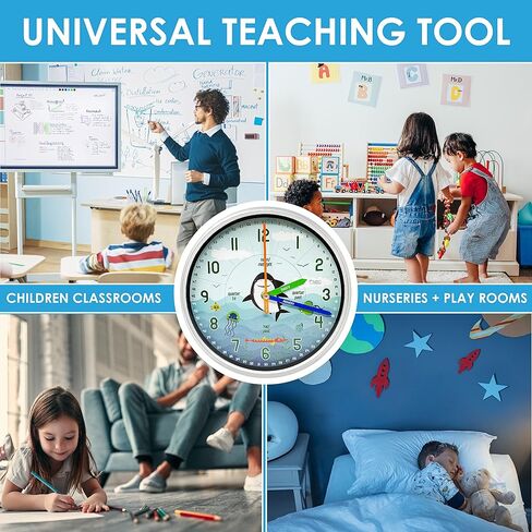 ساعة حائط تعليمية - ساعة تعليمية لوقت الحركة الصامتة لفصول المعلمين وغرف نوم الأطفال (قرش/أزرق) in Kuwait