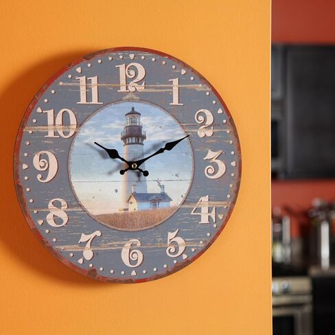 ساعة حائط منارة ريفية على الطراز الريفي من Lily's Home، تناسب ديكور بحري أو ريفي، تعمل بالبطارية مع حركة كوارتز، هدية مثالية لمحبي المنارة (قطر 13 بوصة) in Kuwait