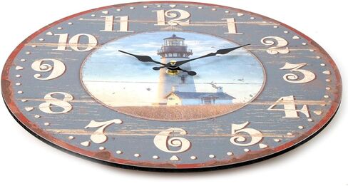 ساعة حائط منارة ريفية على الطراز الريفي من Lily's Home، تناسب ديكور بحري أو ريفي، تعمل بالبطارية مع حركة كوارتز، هدية مثالية لمحبي المنارة (قطر 13 بوصة) in Kuwait