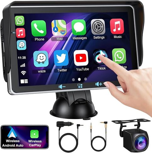شاشة Carplay محمولة للسيارة، ملحقات ستيريو للسيارة تعمل باللمس تدعم Carplay اللاسلكي وAndroid Auto، بلوتوث والتحكم الصوتي، Mirrorlink&Airplay، كاميرا احتياطية، AUX/USB/TF لجميع المركبات in Saudi Arabia