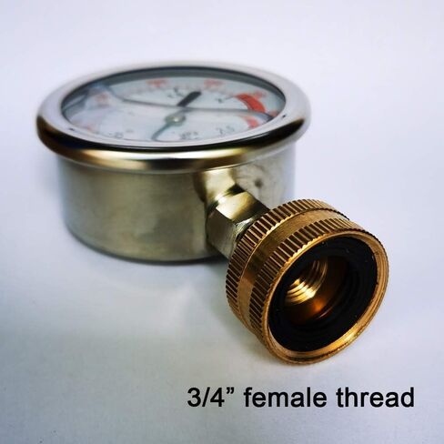 طقم قياس ضغط المياه من الفولاذ المقاوم للصدأ 304، نحاس خالٍ من الرصاص، قرص 2-1/2 بوصة، 0-150 رطل لكل بوصة مربعة (0-1.0 ميجا باسكال) مقياس مزدوج، مملوء بالجليسرين، خيط خرطوم حديقة 3/4 بوصة. in Kuwait