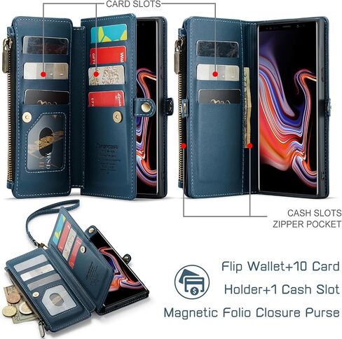 Defencase Compatible with Galaxy Note 9 Case Wallet with RFID Blocking Card Holder for Women Men, PU Leather Magnetic Snap Flip Zipper Strap Phone Case Fit for Samsung Galaxy Note 9, Black in Saudi Arabia