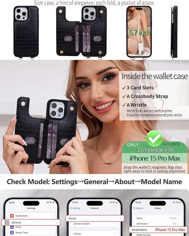 Case for iPhone 15 Pro Max Wristlet Wallet Case with Back Flip Card Holder, RFID Blocking Protection, Magnetic Clasps, PU Leather Crossbody Straps Kickstand Cover for Women - 6.7" (Black) in Saudi Arabia