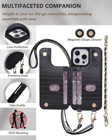 Case for iPhone 15 Pro Max Wristlet Wallet Case with Back Flip Card Holder, RFID Blocking Protection, Magnetic Clasps, PU Leather Crossbody Straps Kickstand Cover for Women - 6.7" (Black) in Saudi Arabia