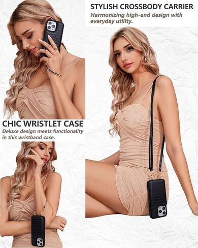 Case for iPhone 15 Pro Max Wristlet Wallet Case with Back Flip Card Holder, RFID Blocking Protection, Magnetic Clasps, PU Leather Crossbody Straps Kickstand Cover for Women - 6.7" (Black) in Saudi Arabia