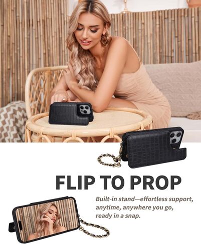 Case for iPhone 15 Pro Max Wristlet Wallet Case with Back Flip Card Holder, RFID Blocking Protection, Magnetic Clasps, PU Leather Crossbody Straps Kickstand Cover for Women - 6.7" (Black) in Saudi Arabia