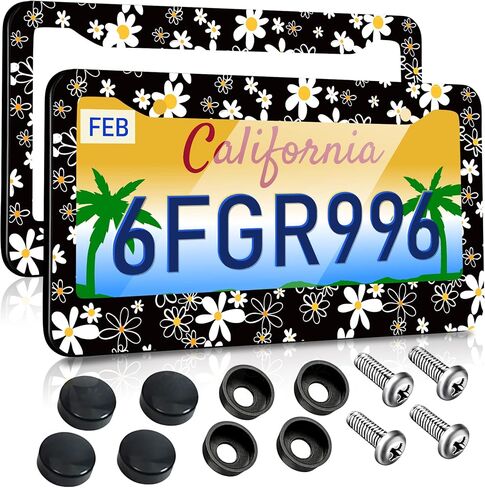 License Plate Frames 2 Pack for Women Car Plate Holder Cover Cute Daisy Flower Blossom Colorful Metal Tag Frame Stainless Steel Car Front Rear Plate Decor in Saudi Arabia