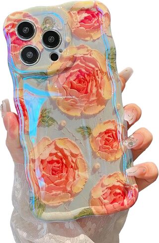 XIZYO Case for iPhone 13, Colorful Retro Oil Painting Flower Cute Floral Aesthetic Curly Wave Frame Laser Glossy Reflective Exquisite Stylish Protective Cover Women Girls-Flower/Green in Saudi Arabia