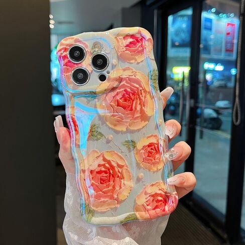 XIZYO Case for iPhone 13, Colorful Retro Oil Painting Flower Cute Floral Aesthetic Curly Wave Frame Laser Glossy Reflective Exquisite Stylish Protective Cover Women Girls-Flower/Green in Saudi Arabia