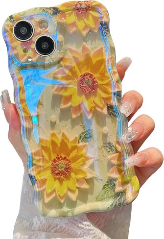 XIZYO Case for iPhone 13, Colorful Retro Oil Painting Flower Cute Floral Aesthetic Curly Wave Frame Laser Glossy Reflective Exquisite Stylish Protective Cover Women Girls-Flower/Green in Saudi Arabia