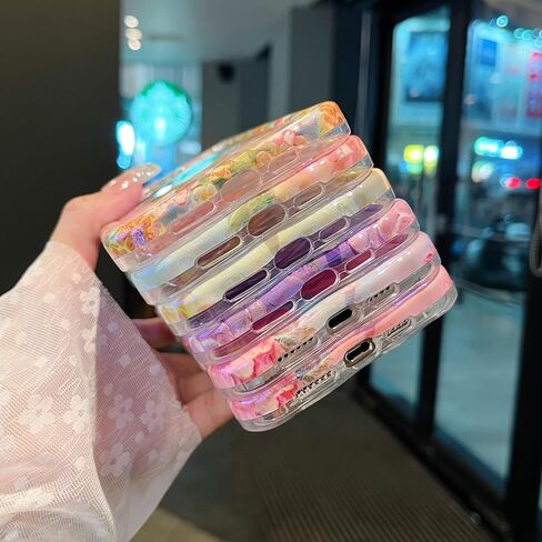 XIZYO Case for iPhone 13, Colorful Retro Oil Painting Flower Cute Floral Aesthetic Curly Wave Frame Laser Glossy Reflective Exquisite Stylish Protective Cover Women Girls-Flower/Green in Saudi Arabia