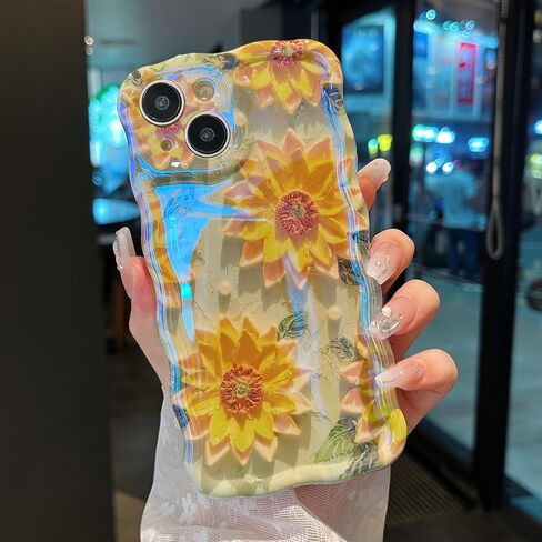 XIZYO Case for iPhone 13, Colorful Retro Oil Painting Flower Cute Floral Aesthetic Curly Wave Frame Laser Glossy Reflective Exquisite Stylish Protective Cover Women Girls-Flower/Green in Saudi Arabia
