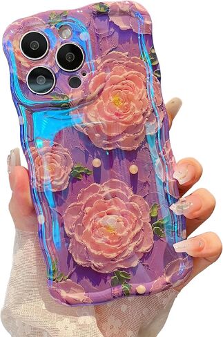XIZYO Case for iPhone 13, Colorful Retro Oil Painting Flower Cute Floral Aesthetic Curly Wave Frame Laser Glossy Reflective Exquisite Stylish Protective Cover Women Girls-Flower/Green in Saudi Arabia
