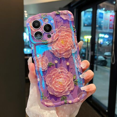 XIZYO Case for iPhone 13, Colorful Retro Oil Painting Flower Cute Floral Aesthetic Curly Wave Frame Laser Glossy Reflective Exquisite Stylish Protective Cover Women Girls-Flower/Green in Saudi Arabia