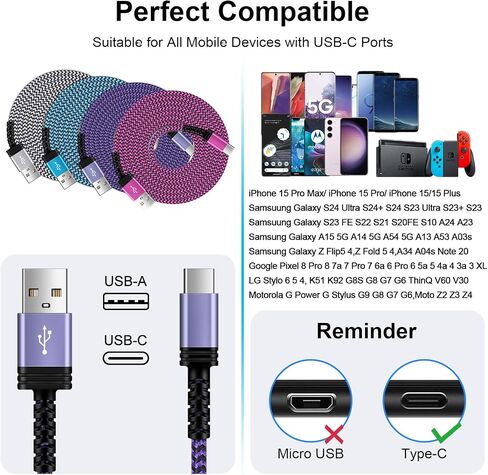 كابل USB من النوع C 6FT/4 عبوات لهاتف Samsung Galaxy A15 5G A55 S24 Ultra A35 A14 A54 S23 S22، iPhone 15/15 Pro/15 Pro Max/15 Plus، 3.1A USB إلى USB C شاحن سلك سيارة كابل شحن سريع لهاتف Pixel 8 Pro 7 6 أ in Saudi Arabia