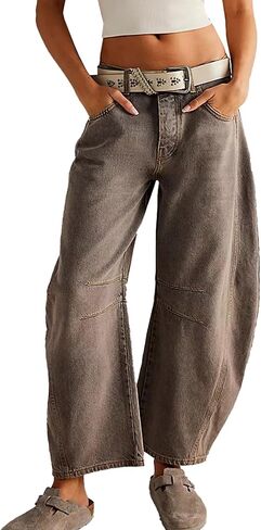 HOTIAN Women's Baggy Wide Leg Jeans Barrel Horseshoe Boyfriend Cropped Raw Hem Denim Pants Trendy Vintage Jeans Gray, X-Large in Saudi Arabia