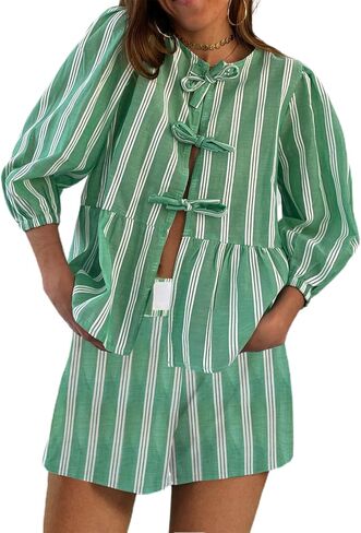 Yuemengxuan Women Striped Lounge Sets 2 Piece Casual Pajamas Set Short Puff Sleeve Tie front Shirt Striped Bottom Shorts Set (Green, XL), X-Large in Saudi Arabia
