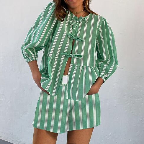 Yuemengxuan Women Striped Lounge Sets 2 Piece Casual Pajamas Set Short Puff Sleeve Tie front Shirt Striped Bottom Shorts Set (Green, XL), X-Large in Saudi Arabia