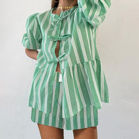 Yuemengxuan Women Striped Lounge Sets 2 Piece Casual Pajamas Set Short Puff Sleeve Tie front Shirt Striped Bottom Shorts Set (Green, XL), X-Large in Saudi Arabia