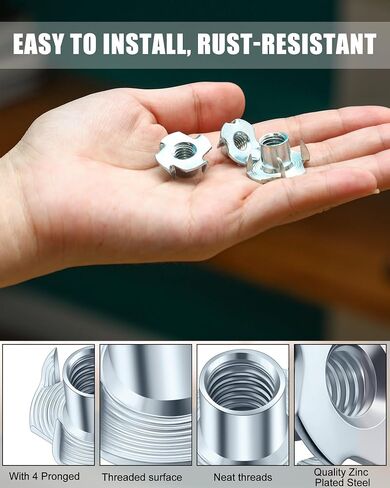 480 Pcs T Nuts 1/4-20, 5/16-18, 3/8-16 4 Pronged Tee Nut Zinc Plated Steel T Nut Four Claw Nuts for Wood Rock Climbing Holds Cabinetry Furniture in Saudi Arabia