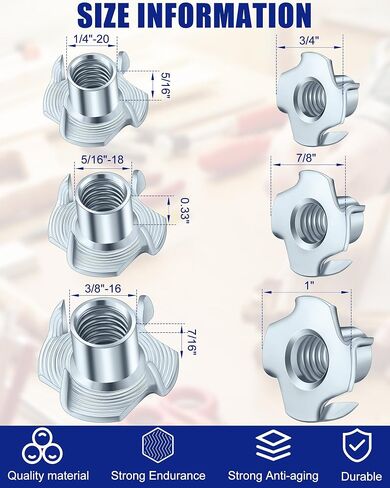 480 Pcs T Nuts 1/4-20, 5/16-18, 3/8-16 4 Pronged Tee Nut Zinc Plated Steel T Nut Four Claw Nuts for Wood Rock Climbing Holds Cabinetry Furniture in Saudi Arabia