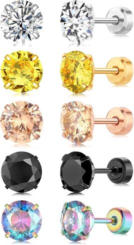 5 Pairs Stainless Steel Earrings for Women Hypoallergenic Cubic Zirconia Stud Earring Trendy colored Silver Stud Earrings Screw Flat Back for Women Men Girls Jewelry Gift. in Saudi Arabia