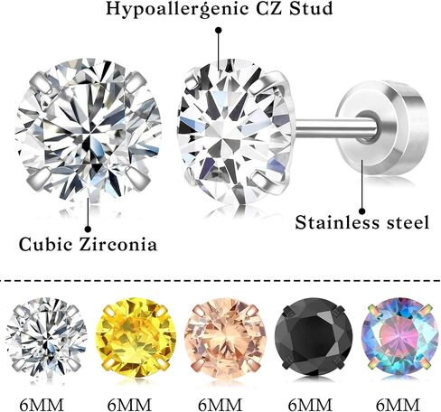 5 Pairs Stainless Steel Earrings for Women Hypoallergenic Cubic Zirconia Stud Earring Trendy colored Silver Stud Earrings Screw Flat Back for Women Men Girls Jewelry Gift. in Saudi Arabia