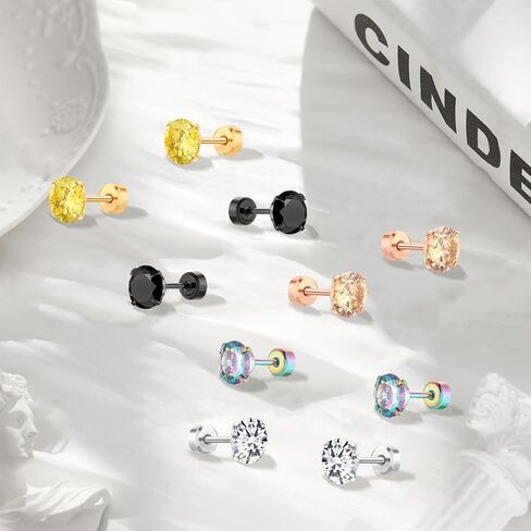 5 Pairs Stainless Steel Earrings for Women Hypoallergenic Cubic Zirconia Stud Earring Trendy colored Silver Stud Earrings Screw Flat Back for Women Men Girls Jewelry Gift. in Saudi Arabia
