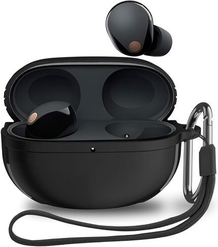Compatible with Earbuds Sony WF-1000XM5 (2023) Case Cover Front LED Visible Full-Body TPU Military Hard Shell Protective Cover Case Skin with Keychain and Lanyard (Black) in Saudi Arabia