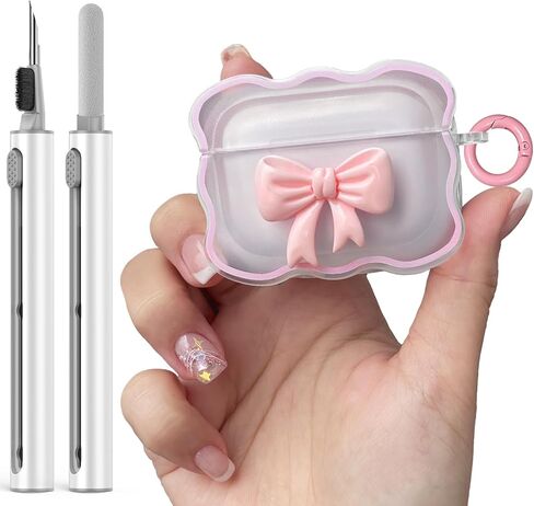 Airpods Pro 2nd Generation Case with Cute 3D Colour Bow Design Soft Clear TPU Cover with Cute Keychain, Airpods Pro Case Cleaning Pen Kit for Girls Woman - Pink in Saudi Arabia