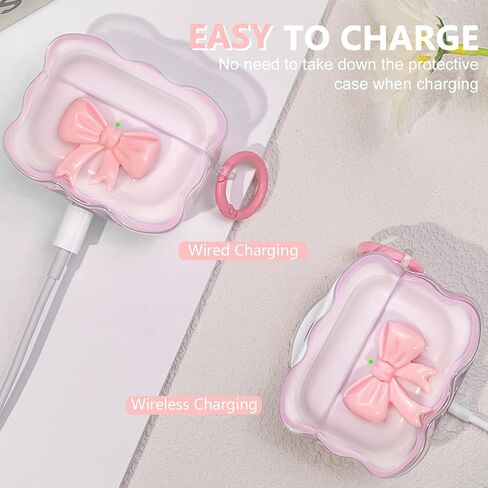 Airpods Pro 2nd Generation Case with Cute 3D Colour Bow Design Soft Clear TPU Cover with Cute Keychain, Airpods Pro Case Cleaning Pen Kit for Girls Woman - Pink in Saudi Arabia