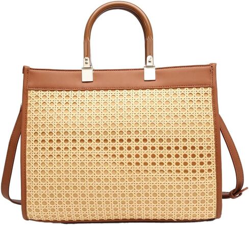 حقيبة كتف من Jen & Co. M2234-TN Mia Rattan Tote Rattan/جلد نباتي، حقيبة يد كتف، أسمر ضارب للصفرة in Kuwait
