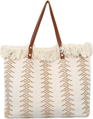 Beach Bag Canvas Tote Bag For Women Tassel Handbag For Summer Travel Vacation Big Capacity Woven Shoulder Bag in Saudi Arabia