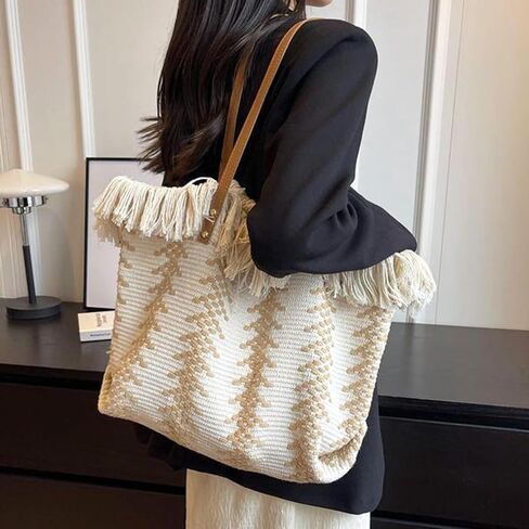 Beach Bag Canvas Tote Bag For Women Tassel Handbag For Summer Travel Vacation Big Capacity Woven Shoulder Bag in Saudi Arabia