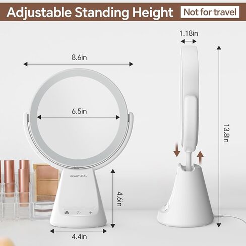 BEAUTURAL Lighted Makeup Mirror with 3 Lights, 1x/10x Magnifying Double Sided Mirror with 5 Brightness, Adjustable Standing Height, 360 Degree Rotation, AC Adapter Powered in Saudi Arabia