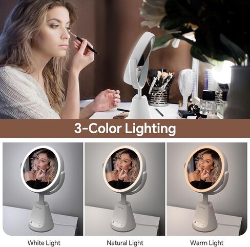 BEAUTURAL Lighted Makeup Mirror with 3 Lights, 1x/10x Magnifying Double Sided Mirror with 5 Brightness, Adjustable Standing Height, 360 Degree Rotation, AC Adapter Powered in Saudi Arabia