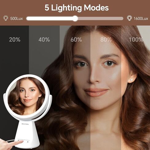 BEAUTURAL Lighted Makeup Mirror with 3 Lights, 1x/10x Magnifying Double Sided Mirror with 5 Brightness, Adjustable Standing Height, 360 Degree Rotation, AC Adapter Powered in Saudi Arabia
